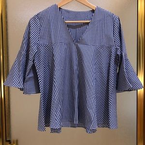 blue gingham bell sleeve top
